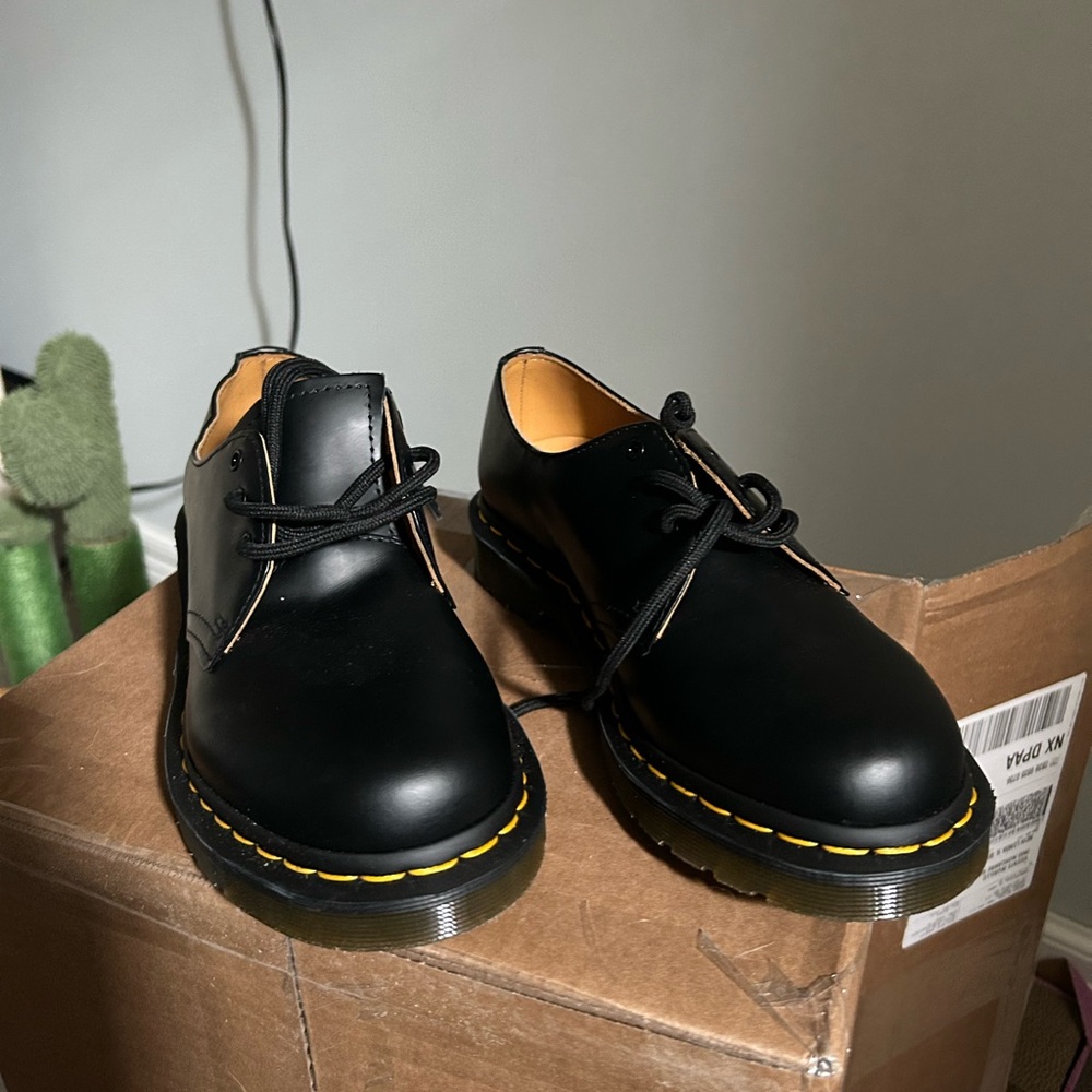 Black Leather Shoes with Yellow Stitching